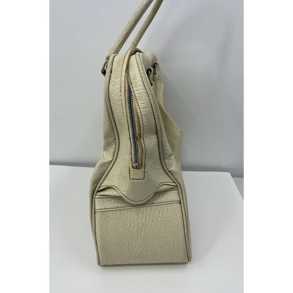 Vintage Sears Vinyl Tote Bag Carry On Luggage 1950s Ivory 2 Handle